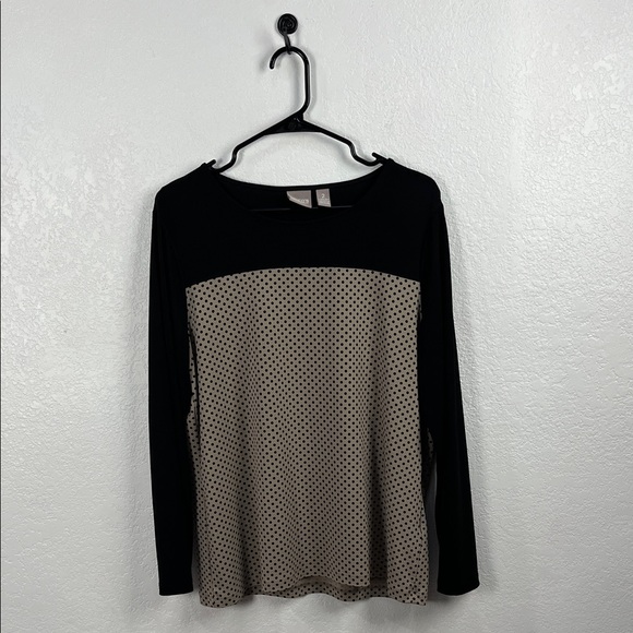Chicos Top Womens Size 2 L Black Tan Polka Dot Flowy Career Long Sleeve Shirt - Picture 1 of 9